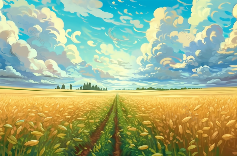 小满节气蓝天白云下的田地里饱满的麦穗生长谷物丰收卡通插画,插画/手绘图,插画/手绘图库,插画/手绘图下载,插画/手绘